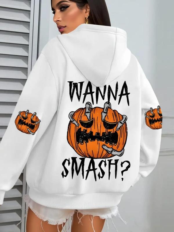 Women'WB shield Pumpkin & Letter Print TNF Lined Hoodie, Fashion Casual Halloween Long Sleeve Hooded Sweatshirt for Daily...