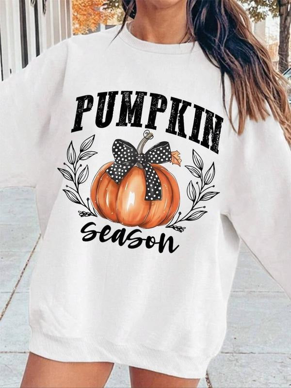 Women'WB shield Pumpkin & Letter Print TNF Lined Sweatshirt, Casual Long Sleeve Round Neck Pullover for Fall & Winter,...