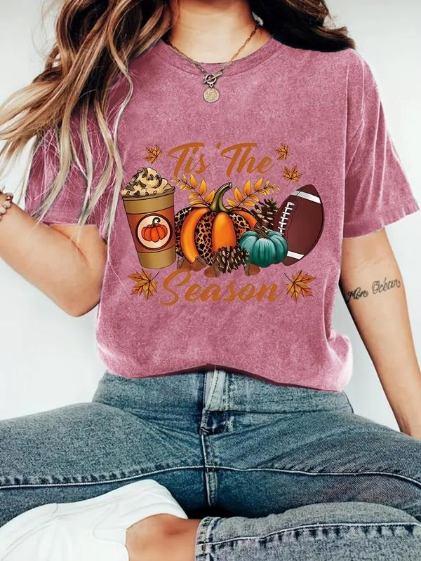 Women'WB shield Pumpkin & Maple Leaf Print Round Neck Tee, Fashion Casual Crew Neck T-Shirt for Daily Holiday Vacation...