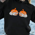 Women'WB shield Pumpkin & Skeleton Hand Print Hoodie, Casual Drawstring Hooded Sweatshirt for Fall & Winter, Women'WB...