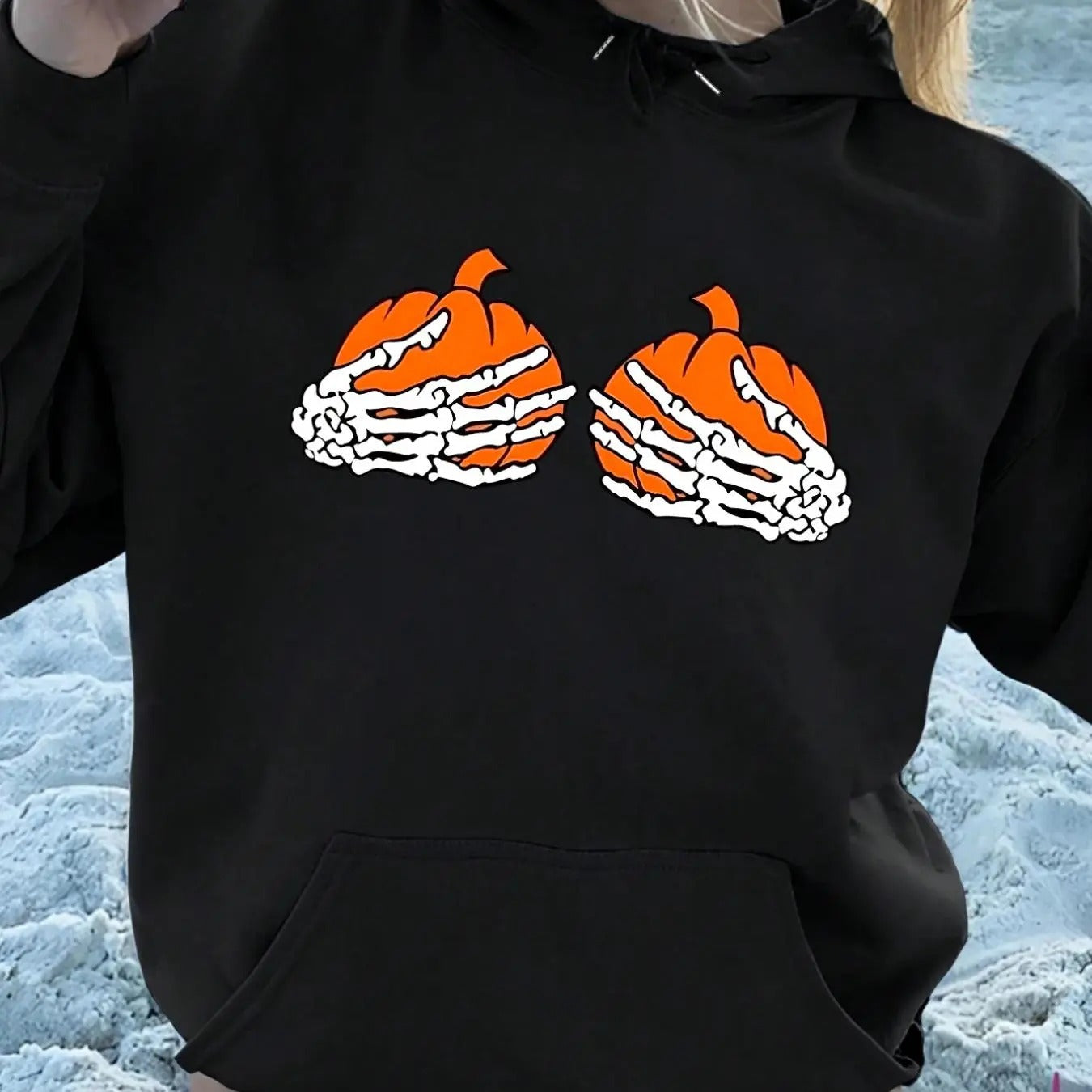 Women'WB shield Pumpkin & Skeleton Hand Print Hoodie, Casual Drawstring Hooded Sweatshirt for Fall & Winter, Women'WB...