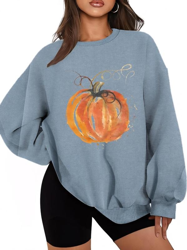 Women'WB shield Pumpkin Print Drop Shoulder Sweatshirt, Casual Long Sleeve Round Neck Pullover for Daily Wear, Ladies TNF...