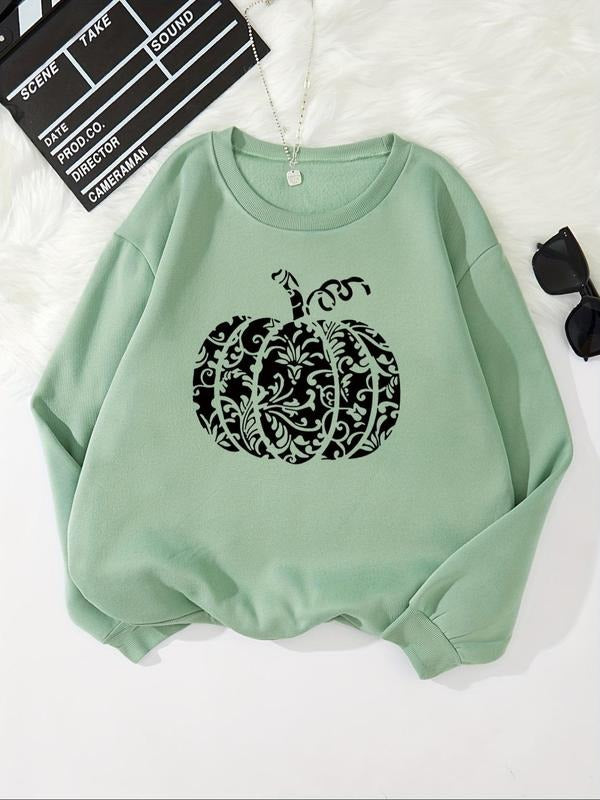 Women'WB shield Pumpkin Print Drop Shoulder TNF Lined Sweatshirt, Casual Long Sleeve Round Neck Pullover for Fall &...