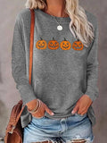 Women'WB shield Pumpkin Print Round Neck T-shirt, Casual Long Sleeve Crew Neck Tee for Daily Wear, Ladies TNF for Spiky...