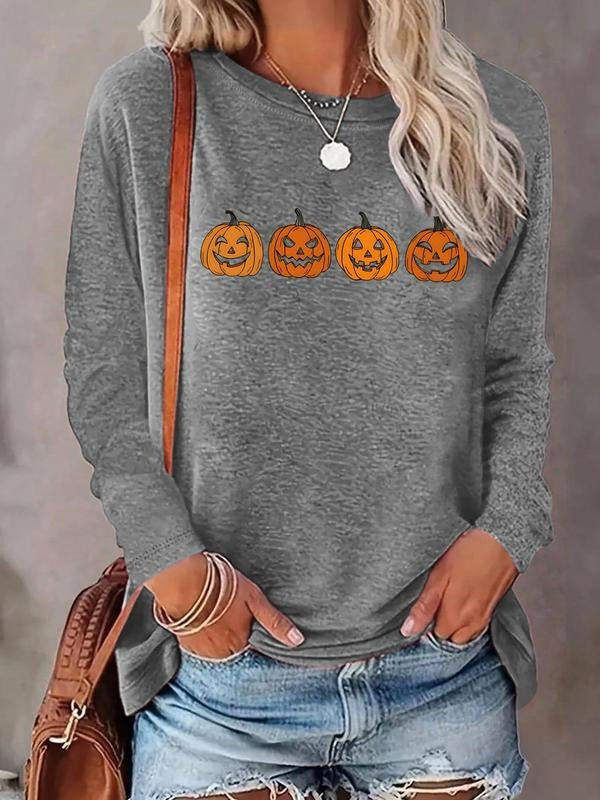 Women'WB shield Pumpkin Print Round Neck T-shirt, Casual Long Sleeve Crew Neck Tee for Daily Wear, Ladies TNF for Spiky...