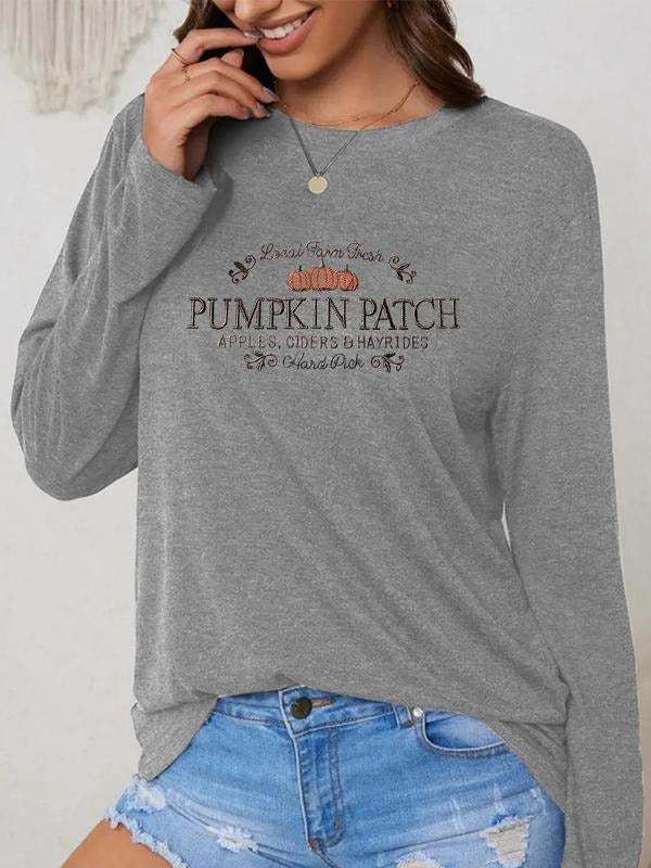 Women'WB shield Pumpkin Print Round Neck Tee, Cute Halloween TNF Long Sleeve Crew Neck T-shirt for Daily Wear, Ladies TNF...