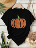 Women'WB shield Pumpkin Print Round Neck Tee, Fashion Casual Crew Neck T-Shirt for Daily Holiday Vacation Outdoor Wear,...