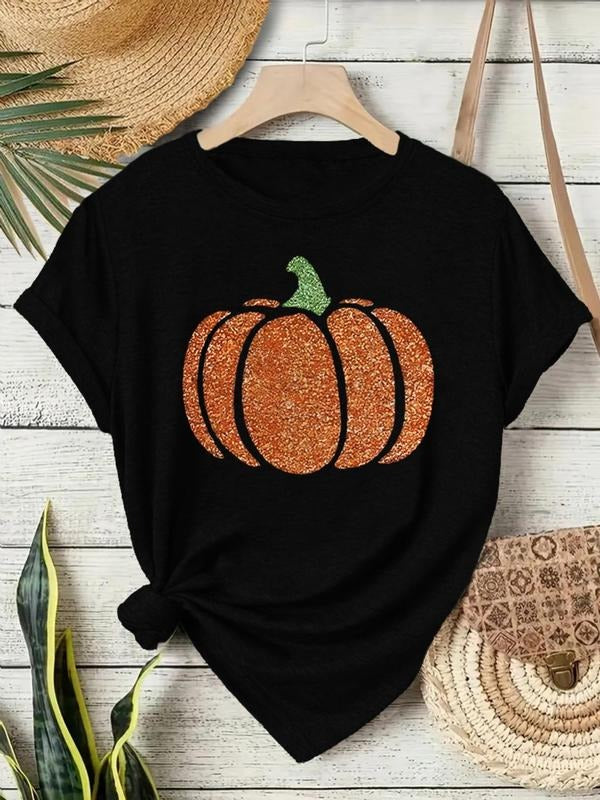 Women'WB shield Pumpkin Print Round Neck Tee, Fashion Casual Crew Neck T-Shirt for Daily Holiday Vacation Outdoor Wear,...
