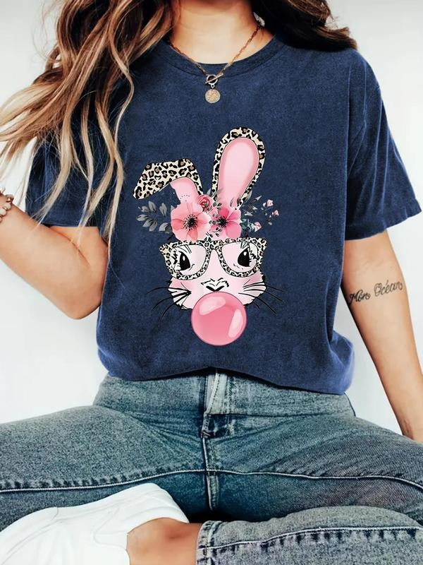Women'WB shield Rabbit & Glasses Print Round Neck Tee, Fashion Casual Crew Neck T-Shirt for Daily Holiday Vacation...