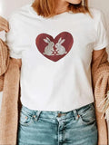 Women'WB shield Rabbit & Heart Print Round Neck Tee, Casual Short Sleeve Crew Neck T-Shirt for Summer, Fashion Women'WB...