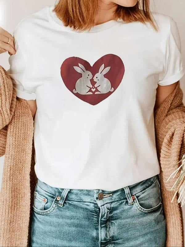 Women'WB shield Rabbit & Heart Print Round Neck Tee, Casual Short Sleeve Crew Neck T-Shirt for Summer, Fashion Women'WB...