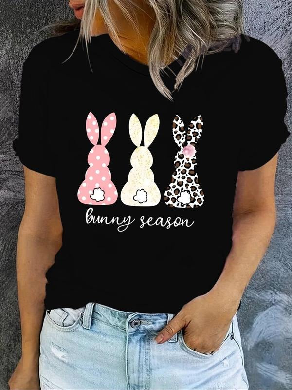 Women'WB shield Rabbit & Letter Print Round Neck Tee, Fashion Casual Crew Neck Short Sleeve T-shirt for Daily Holiday...