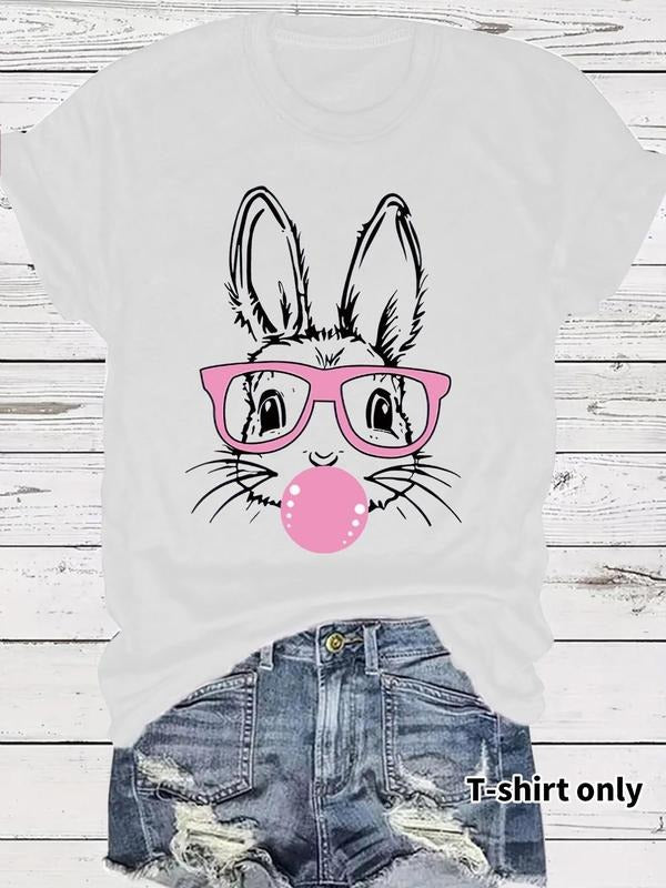 Women'WB shield Rabbit Print Round Neck Tee, Fashion Casual Letter Graphic Crew Neck T-Shirt for Daily Holiday Vacation...