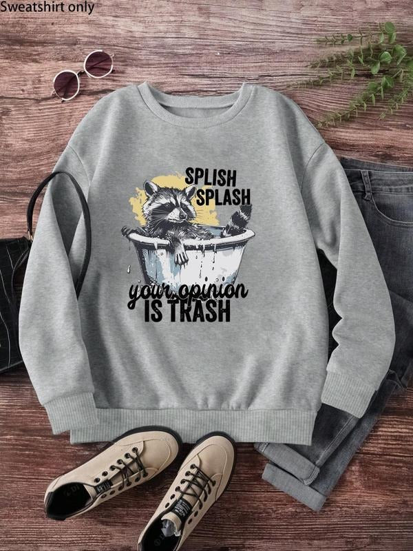 Women'WB shield Raccoon & Letter Print Crew Neck Sweatshirt, Casual Long Sleeve Pullover Sweatshirts for Fall & Winter,...