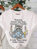 Women'WB shield Raccoon & Letter Print Round Neck Tee, Fashion Casual Crew Neck T-Shirt for Daily Holiday Vacation...