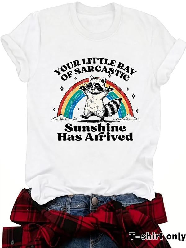Women'WB shield Raccoon & Rainbow Print Round Neck Tee, Fashion Casual Crew Neck T-Shirt for Daily Holiday Vacation...