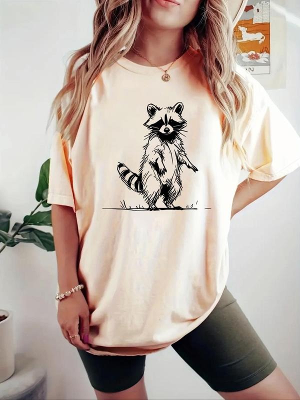 Women'WB shield Raccoon Print Drop Shoulder Tee, Casual Half Sleeve Round Neck T-shirt for Daily Wear, Ladies TNF for...