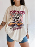 Women'WB shield Race Car & Letter Print Drop Shoulder Tee, Street Casual Half Sleeve Round Neck T-Shirt for Daily Wear,...