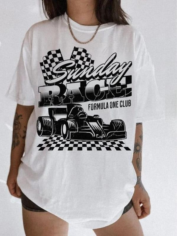 Women'WB shield Race Car & Letter Print Drop Shoulder Tee, Street Fashion Casual Half Sleeve Round Neck T-Shirt for Daily...