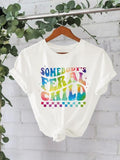 Women'WB shield Rainbow & Letter Print Round Neck Tee, Fashion Casual Crew Neck T-Shirt for Daily Holiday Vacation...