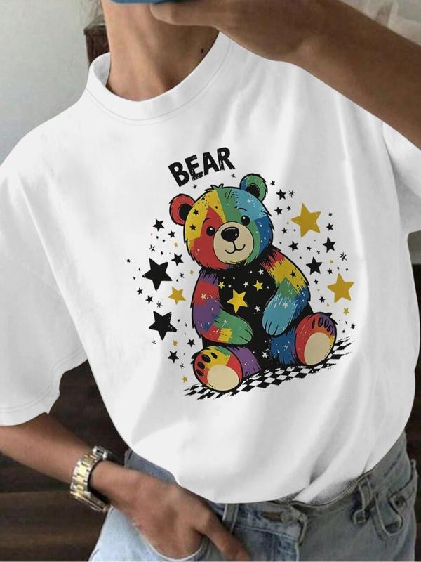 Women'WB shield Rainbow Bear & Lightsaber brand Print Round Neck Tee, Fashion Casual Crew Neck T-Shirt for Daily Holiday...