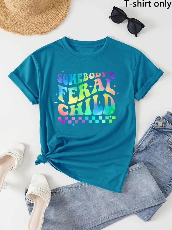Women'WB shield Rainbow Letter Print Round Neck Tee, Fashion Casual Crew Neck T-Shirt for Daily Holiday Vacation Outdoor...