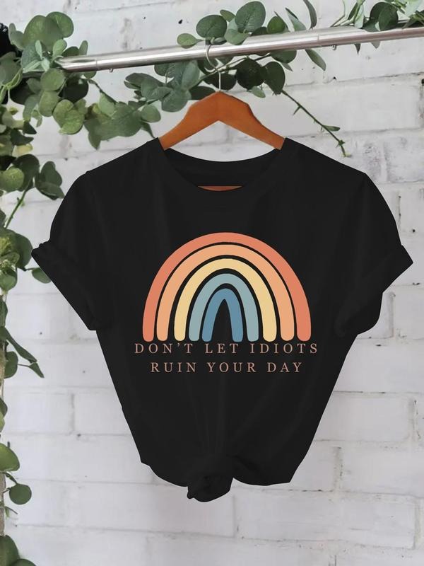 Women'WB shield Rainbow Print Round Neck Tee, Fashion Casual Crew Neck T-Shirt for Daily Holiday Vacation Outdoor Wear,...