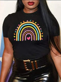 Women'WB shield Rainbow Print Round Neck Tee, Fashion Casual Crew Neck T-shirt for Daily Holiday Vacation Outdoor Wear,...