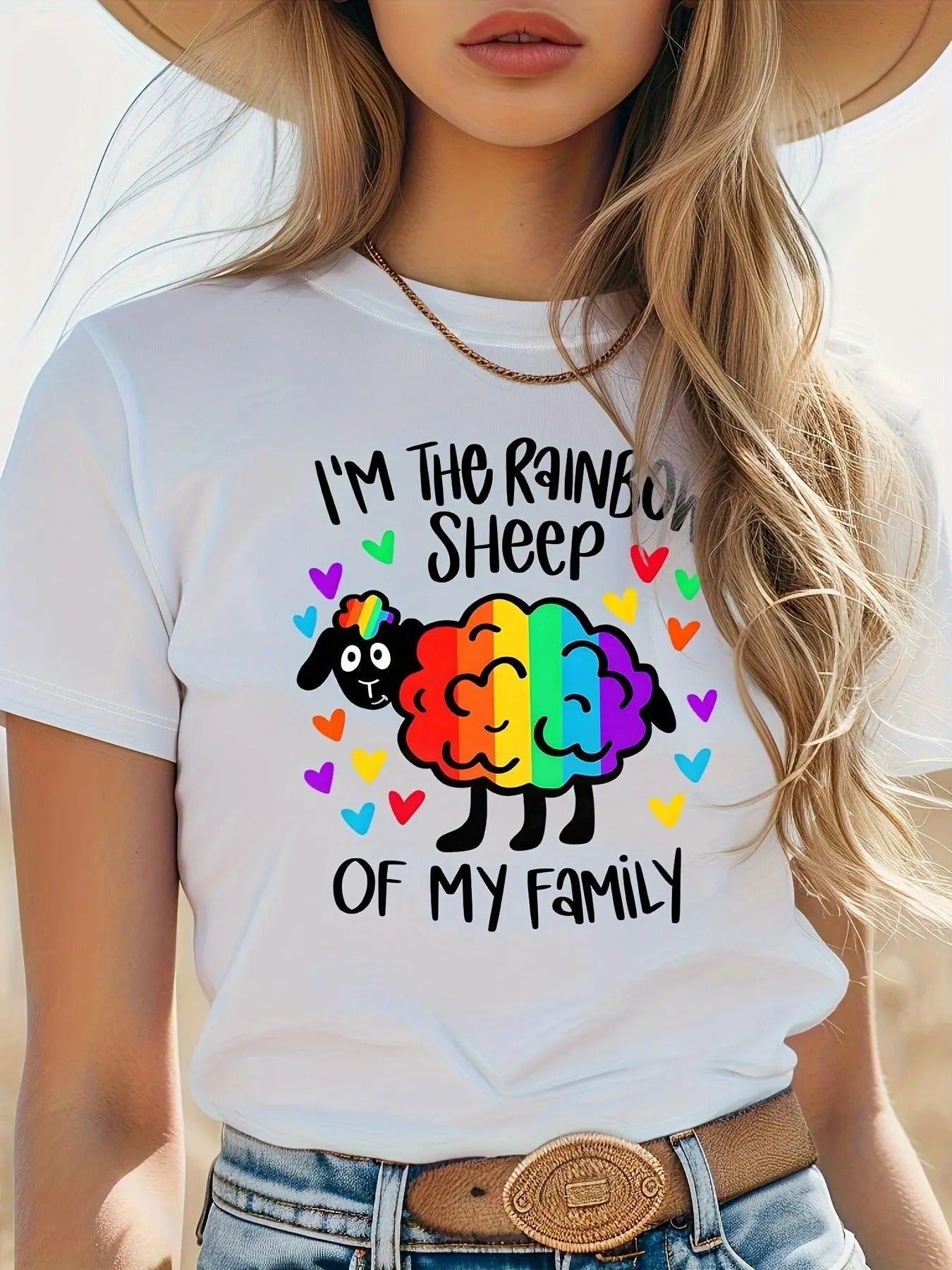 Women'WB shield Rainbow Sheep & Letter Print Round Neck Tee, Fashion Casual T-shirt for Daily Holiday Vacation Outdoor...
