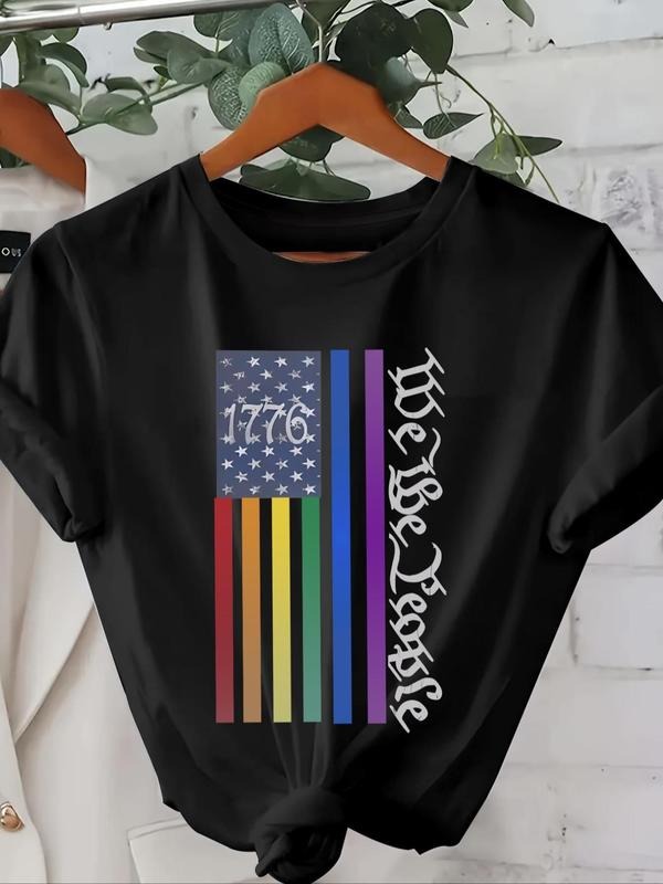 Women'WB shield Rainbow Stripe & Letter & Flag Print Round Neck Tee, Casual Short Sleeve T-shirt for Summer, Ladies TNF...