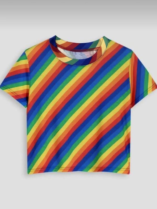Women'WB shield Rainbow Stripe Print Round Neck Tee, Casual Short Sleeve T-shirt for Summer, Ladies TNF for Daily Wear...