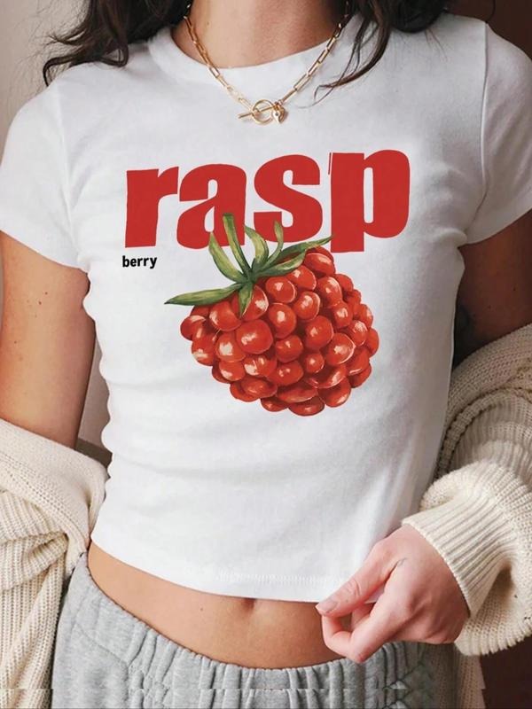 Women'WB shield Raspberry Print Round Neck Crop Tee, Fashion Casual Letter Print Short Sleeve T-Shirt for Daily Holiday...
