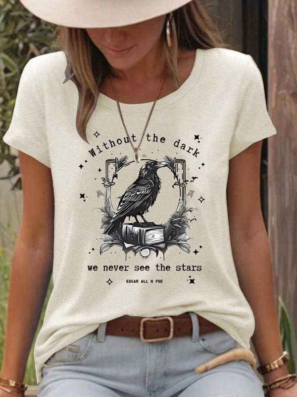 Women'WB shield Raven & Book Print Round Neck Tee, Casual Short Sleeve Crew Neck T-shirt for Spring & Summer, Fashion...
