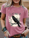 Women'WB shield Raven & Letter Print Round Neck Tee, Fashion Casual Crew Neck T-Shirt for Daily Holiday Vacation Outdoor...