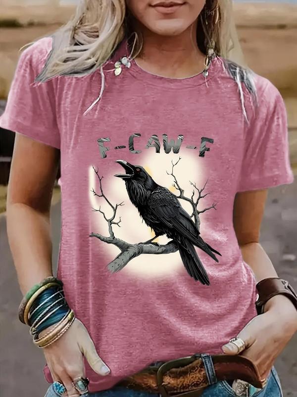 Women'WB shield Raven & Letter Print Round Neck Tee, Fashion Casual Crew Neck T-Shirt for Daily Holiday Vacation Outdoor...