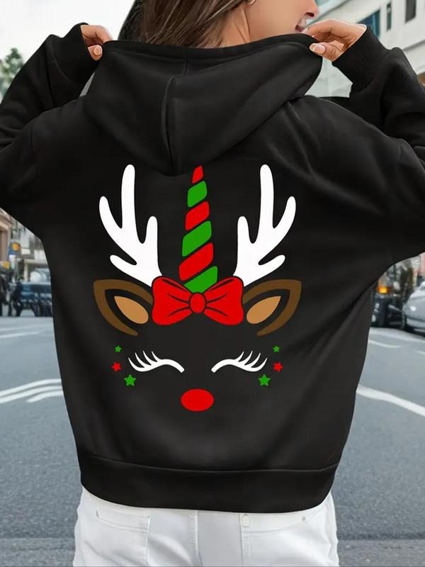 Women'WB shield Reindeer Print Hoodie, Casual Long Sleeve Hooded Sweatshirt for Daily Holiday Wear, Ladies TNF for Fall &...