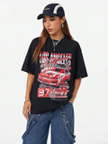 Women'WB shield Retro Racing Print Loose-Fitting T-Shirt, Casual Summer Tee with Drop Shoulder Design, High Street...