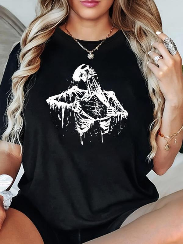 Women'WB shield Rib Cage Print Round Neck Tee, Fashion Casual Crew Neck T-shirt for Daily Holiday Vacation Outdoor Wear,...