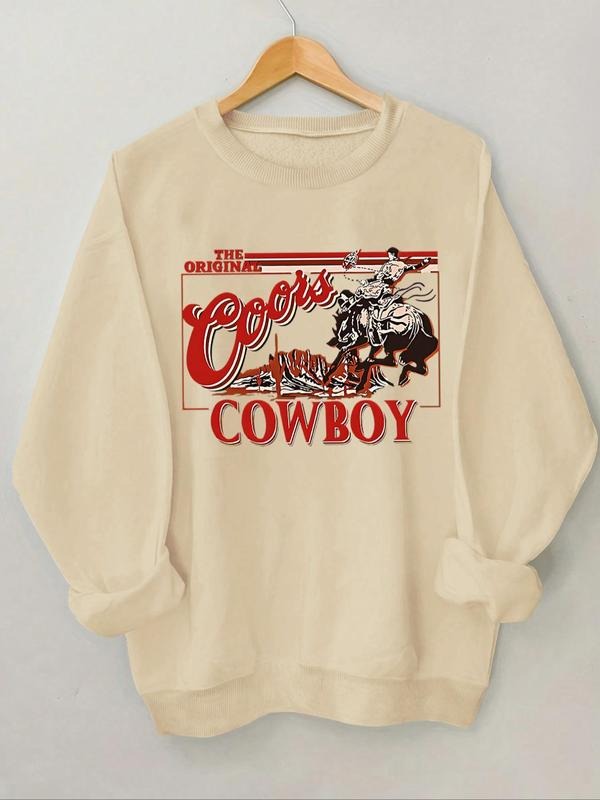 Women'WB shield Rodeo & Letter Print Drop Shoulder Sweatshirt, Casual Long Sleeve Round Neck Pullover for Spring & Fall,...