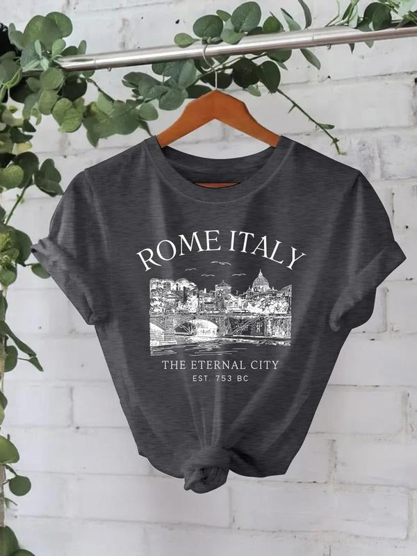 Women'WB shield Rome City Print Round Neck Tee, Casual Short Sleeve T-shirt for Summer, Ladies TNF for Daily Wear, Top...