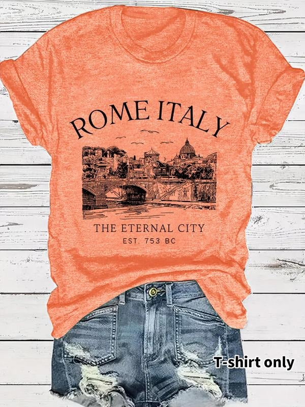 Women'WB shield Rome Italy City Print Round Neck Tee, Casual Short Sleeve T-shirt for Summer, Ladies TNF for Daily Wear...