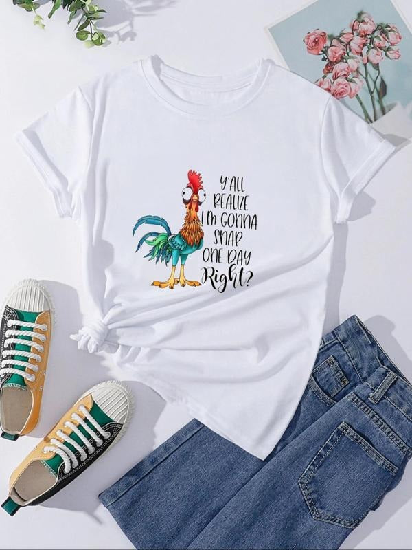Women'WB shield Rooster & Letter Print Round Neck Tee, Fashion Casual Drop Shoulder T-Shirt for Daily Outdoor Wear,...