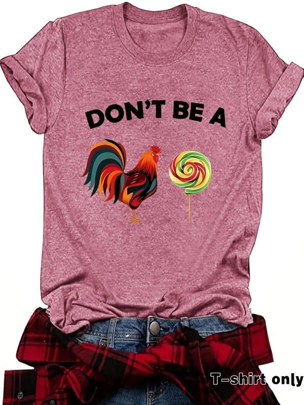 Women'WB shield Rooster & Lollipop Print Round Neck Tee, Fashion Casual Letter Graphic Crew Neck T-Shirt for Daily...