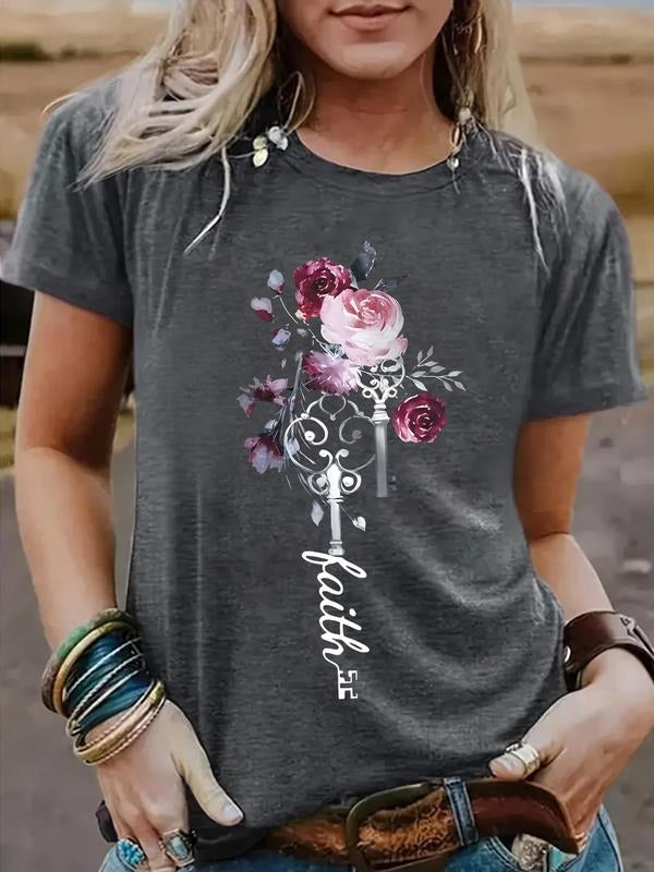 Women'WB shield Rose & Key Print Round Neck Tee, Fashion Casual Letter Print Crew Neck T-Shirt for Daily Holiday Vacation...