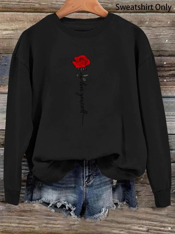 Women'WB shield Rose & Letter Print Drop Shoulder Sweatshirt, Casual Long Sleeve Round Neck Pullover for Daily Wear,...