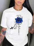 Women'WB shield Rose & Letter Print Round Neck Short Sleeve Tee, Fashion Casual Crew Neck T-shirt for Daily Holiday...