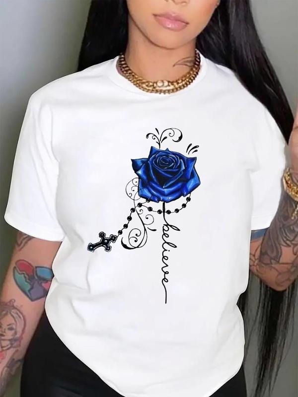 Women'WB shield Rose & Letter Print Round Neck Short Sleeve Tee, Fashion Casual Crew Neck T-shirt for Daily Holiday...