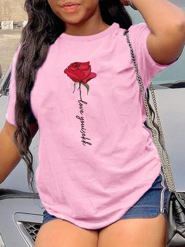 Women'WB shield Rose & Letter Print Round Neck Short Sleeve Tee, Summer TNF Women, Casual Graphic Crew Neck T-Shirt for...