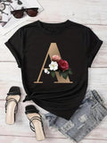 Women'WB shield Rose & Letter Print Round Neck Tee, Casual Short Sleeve Crew Neck T-shirt for Daily Wear, Ladies TNF for...