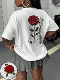 Women'WB shield Rose & Letter Print Round Neck Tee, Fashion Casual Crew Neck T-shirt for Daily Holiday Vacation Outdoor...